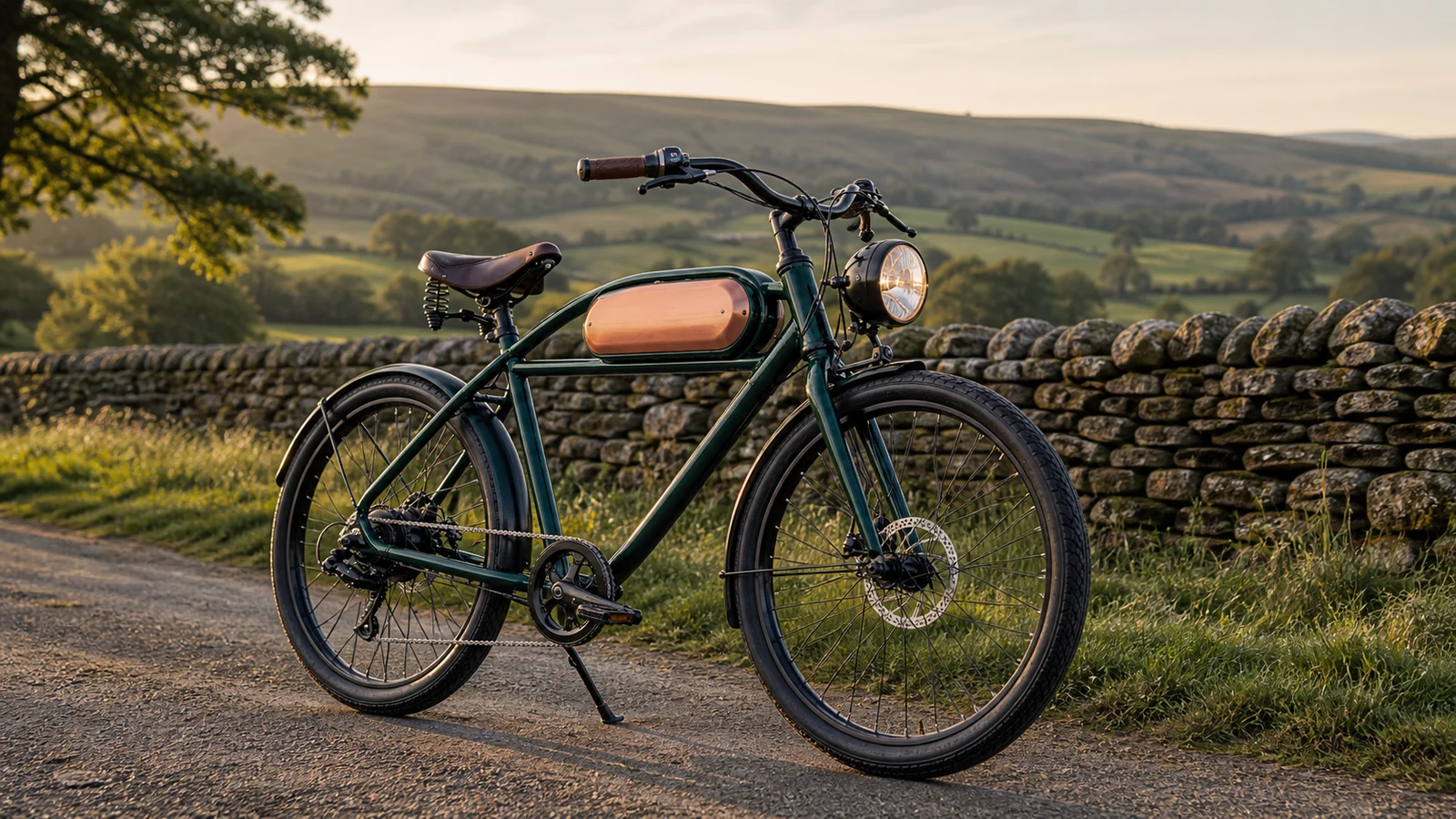Retro-style electric bike on a UK countryside road